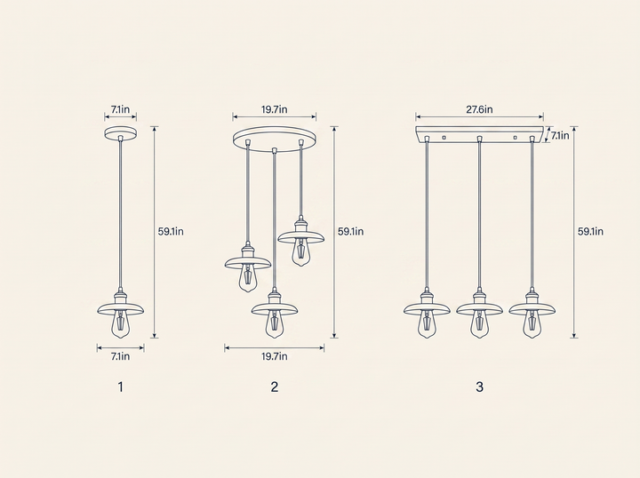 Brenton Arch Pendant Lamp technical dimension drawing showing all 3 verified configurations