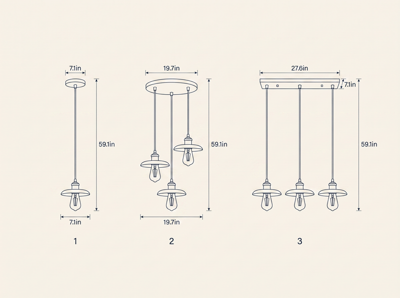 Brenton Arch Pendant Lamp technical dimension drawing showing all 3 verified configurations