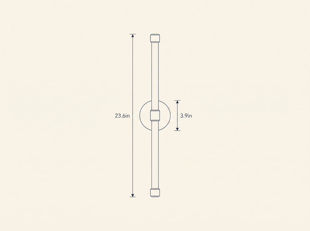 Brilline Vertical Sconce technical dimension drawing, diameter 3.9in, height 23.6in