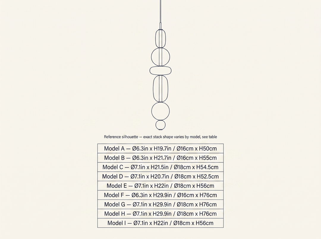 Candied Glass Pendant Light technical dimension drawing showing all 9 verified models A through I