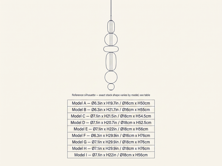 Candied Glass Pendant Light technical dimension drawing showing all 9 verified models A through I