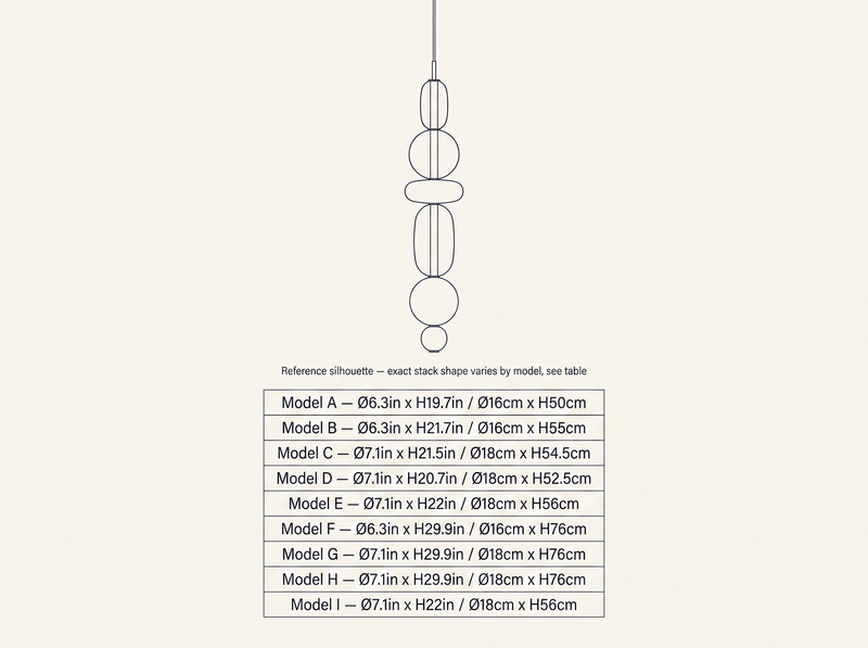 Candied Glass Pendant Light technical dimension drawing showing all 9 verified models A through I