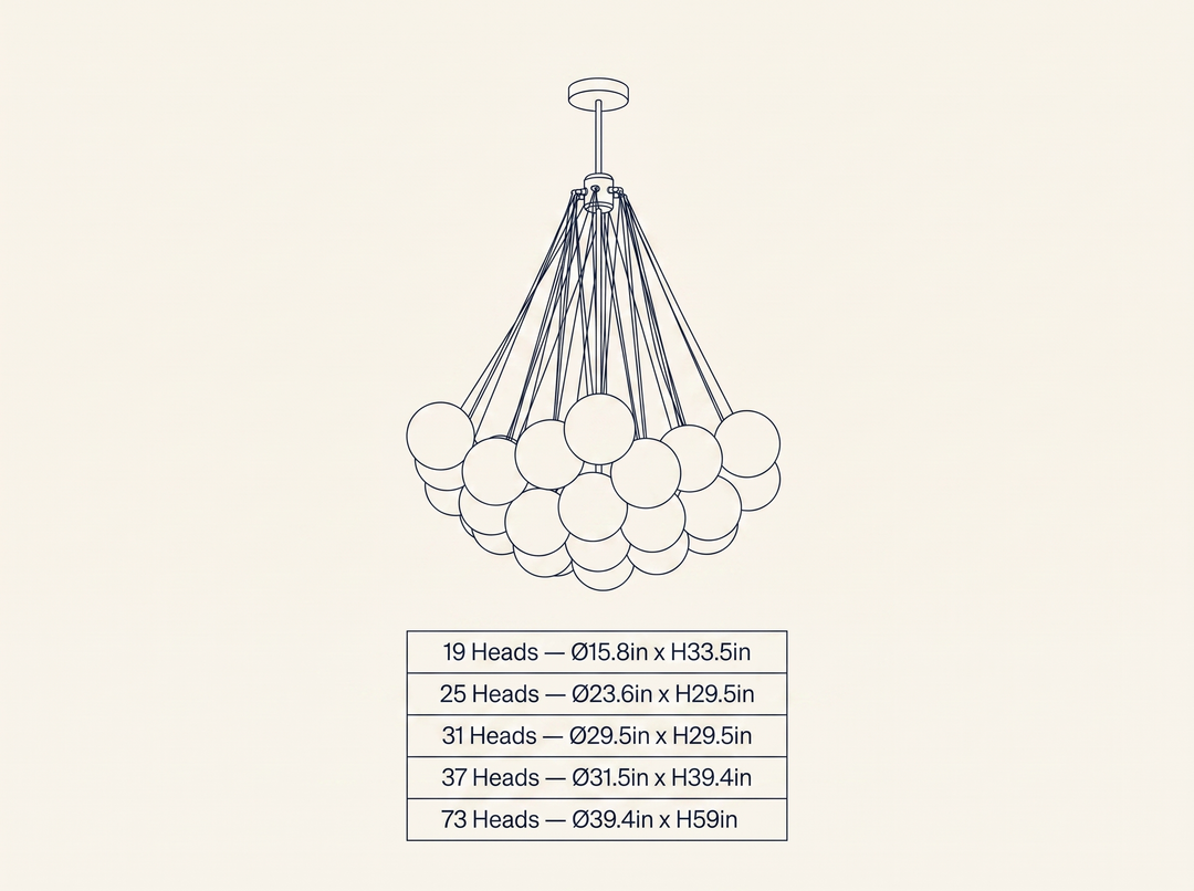 Bubble Chandelier technical dimension drawing showing all 5 verified head-count configurations