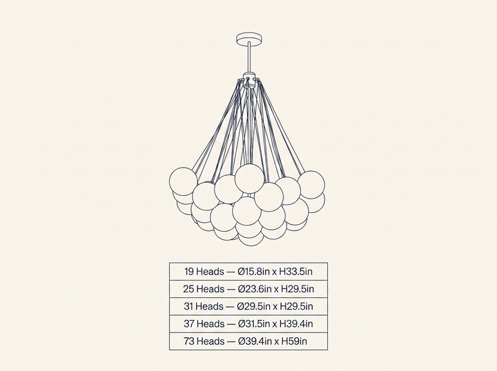 Bubble Chandelier technical dimension drawing showing all 5 verified head-count configurations