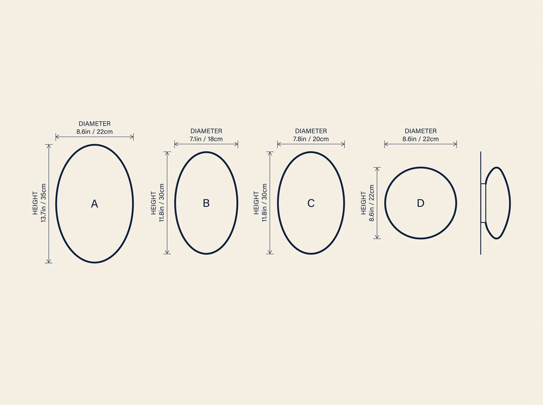 Bubble Glass Wall Lamp technical dimension drawing showing 4 sizes A through D