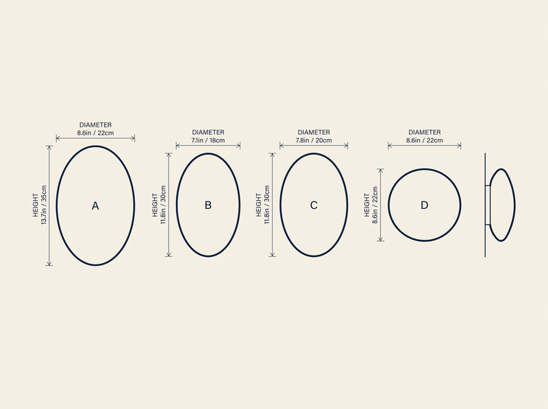 Bubble Glass Wall Lamp technical dimension drawing showing 4 sizes A through D