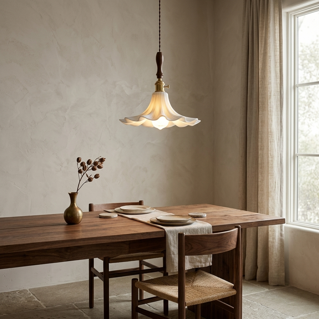 Bloom Twist Pendant Lamp installed above a walnut dining table