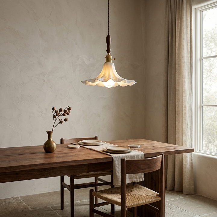 Bloom Twist Pendant Lamp installed above a walnut dining table