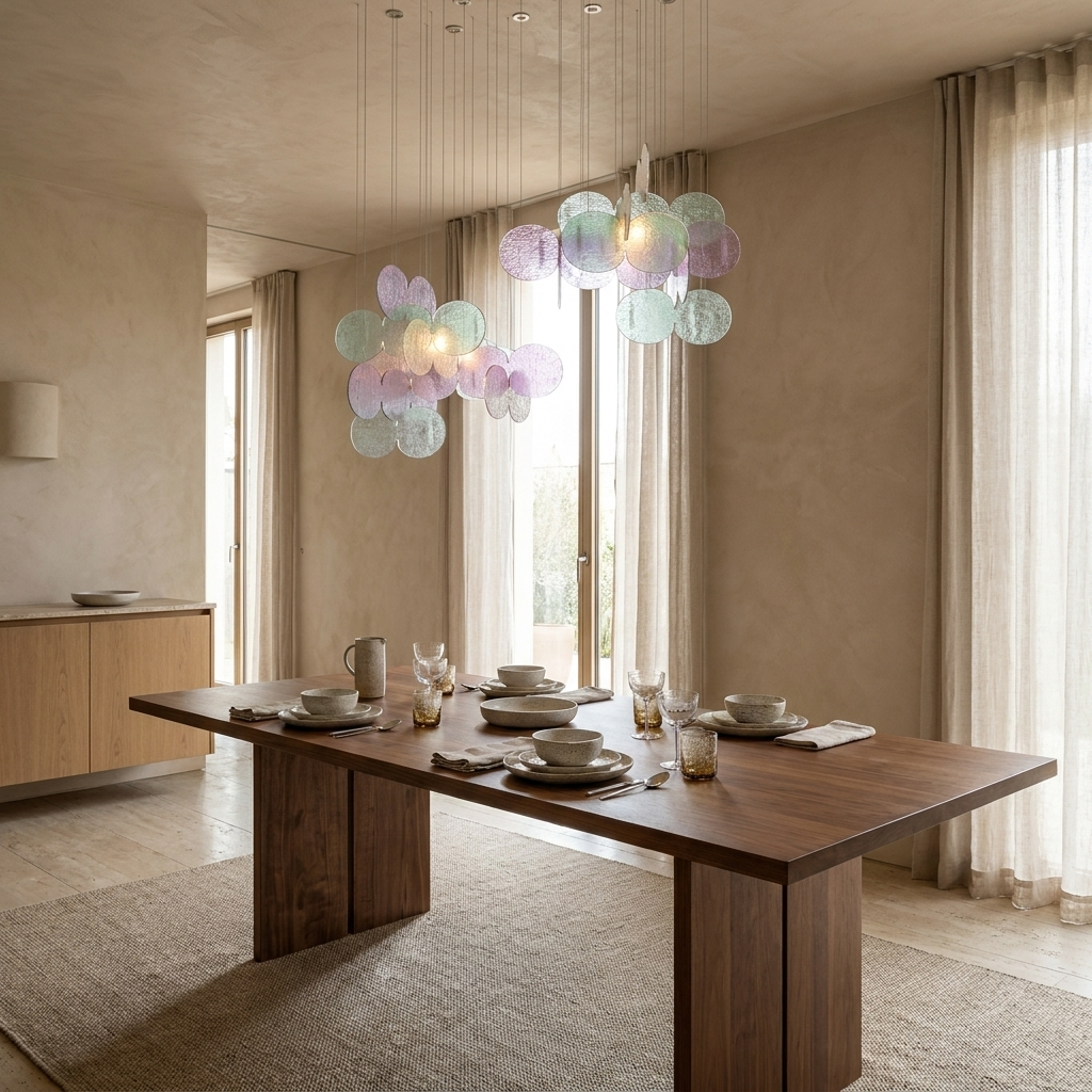 Clouds Iridescent Disc Chandelier installed above a dining table