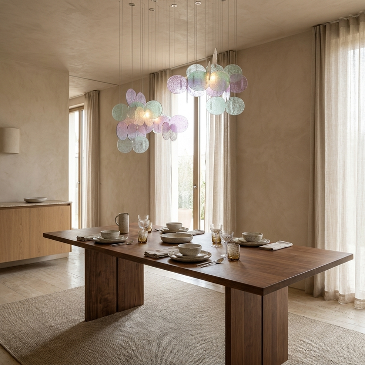 Clouds Iridescent Disc Chandelier installed above a dining table