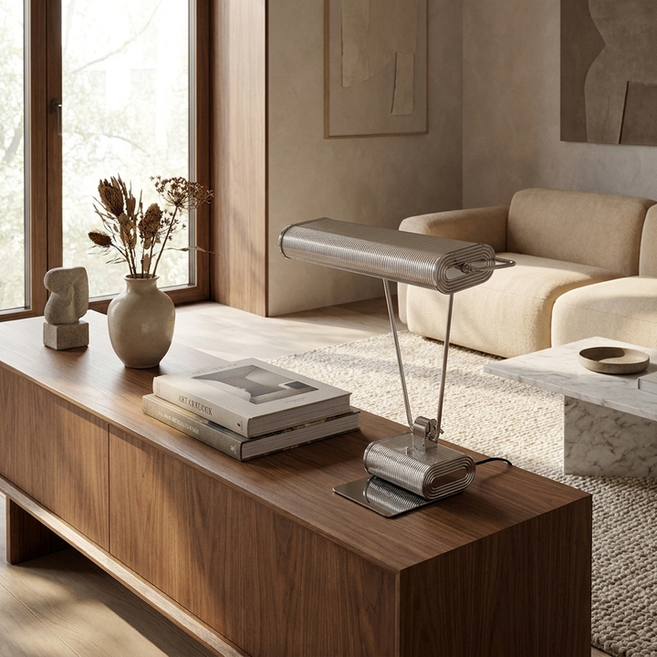 Chrome Coiled Wire Desk Lamp on a console in a contemporary living room