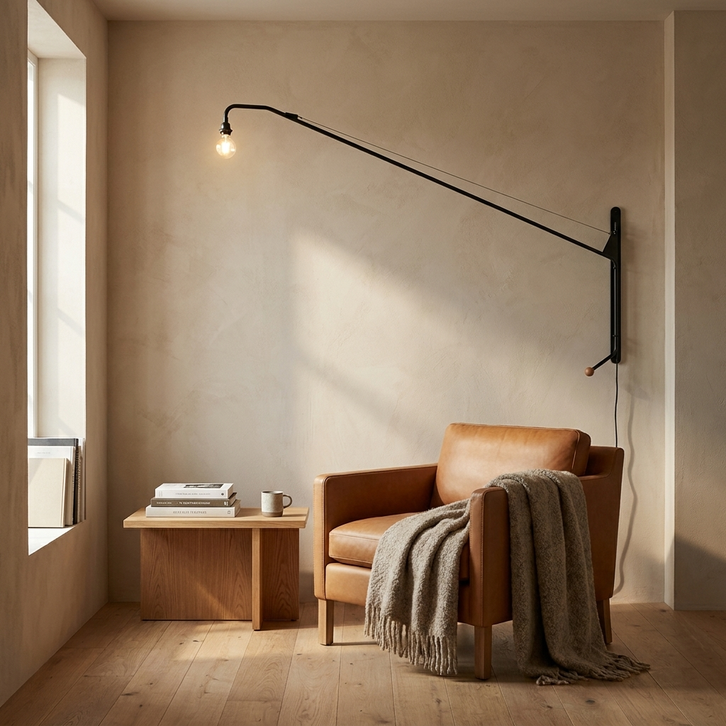 Black Long Arm Wall Lamp shown in a contemporary living room reading corner