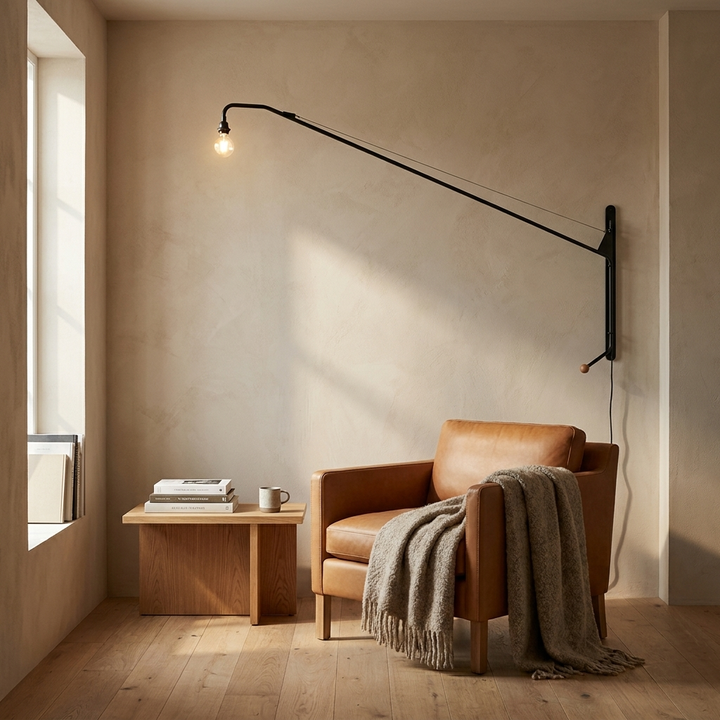 Black Long Arm Wall Lamp shown in a contemporary living room reading corner