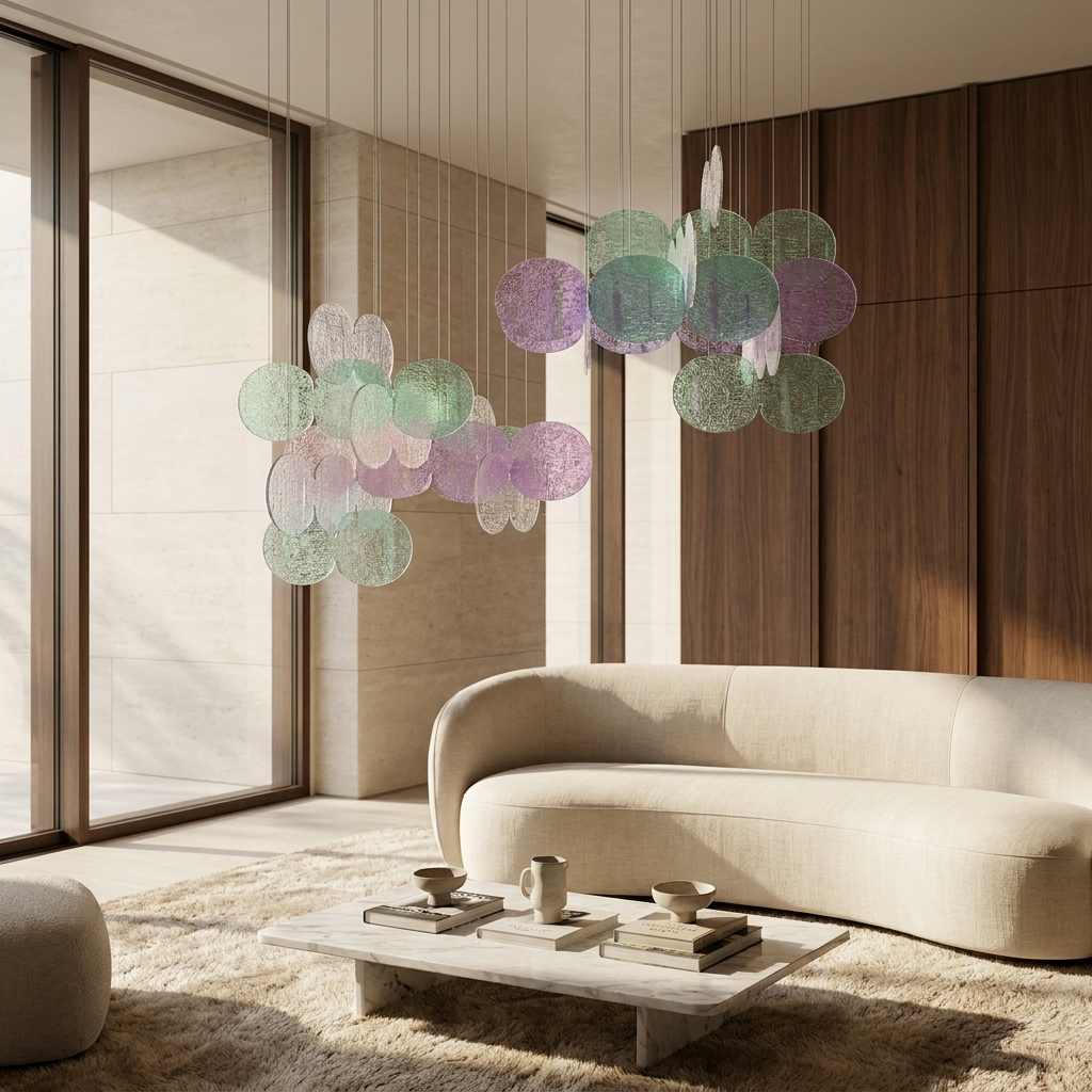 Clouds Iridescent Disc Chandelier shown in a contemporary living room
