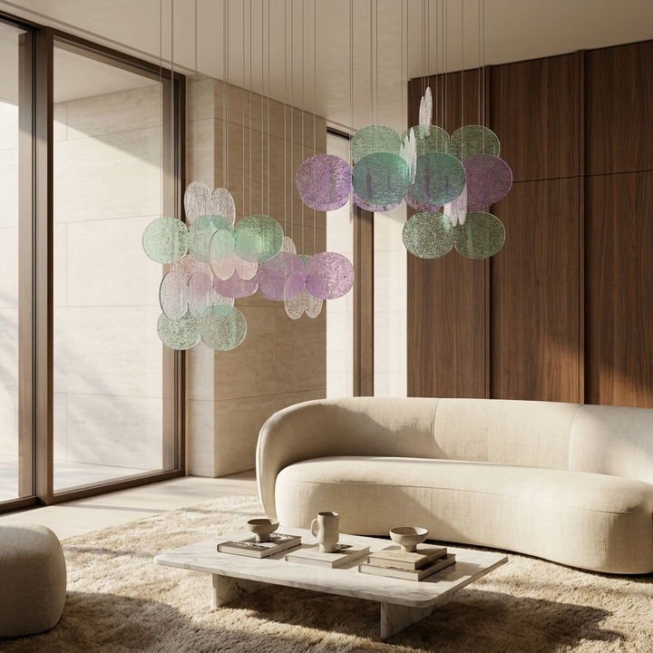 Clouds Iridescent Disc Chandelier shown in a contemporary living room