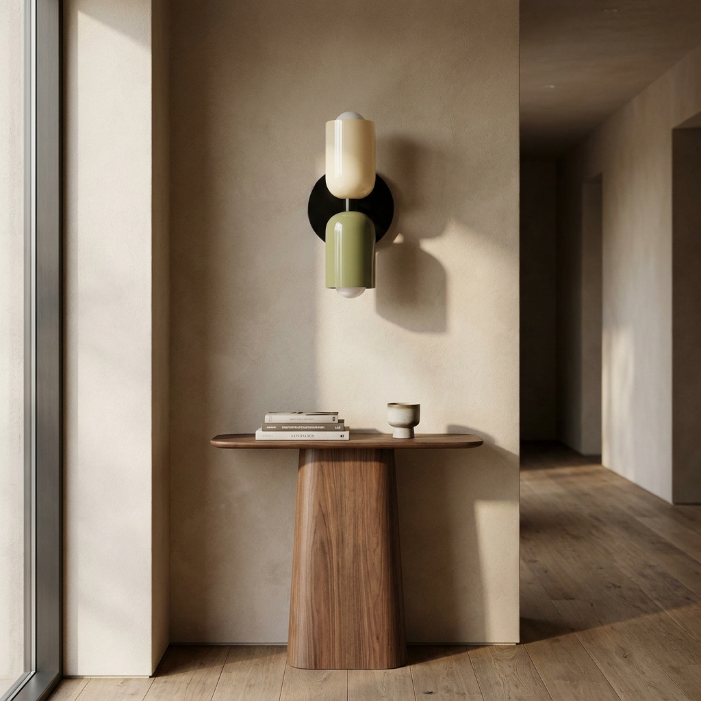 Couleur Double Plug In Wall Lamp installed in a contemporary entryway