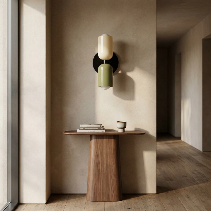 Couleur Double Plug In Wall Lamp installed in a contemporary entryway