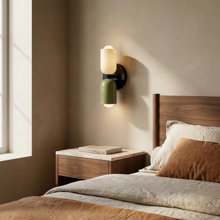 Couleur Double Plug In Wall Lamp installed beside a bed in a contemporary bedroom