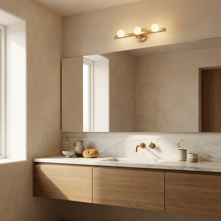 Brass Glass Tube Wall Lamp installed above a bathroom vanity mirror