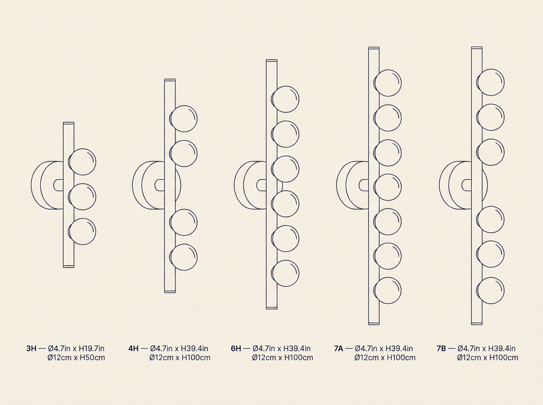 Brass Glass Tube Wall Lamp technical dimension drawing showing 3H, 4H, 6H, 7A, 7B configurations