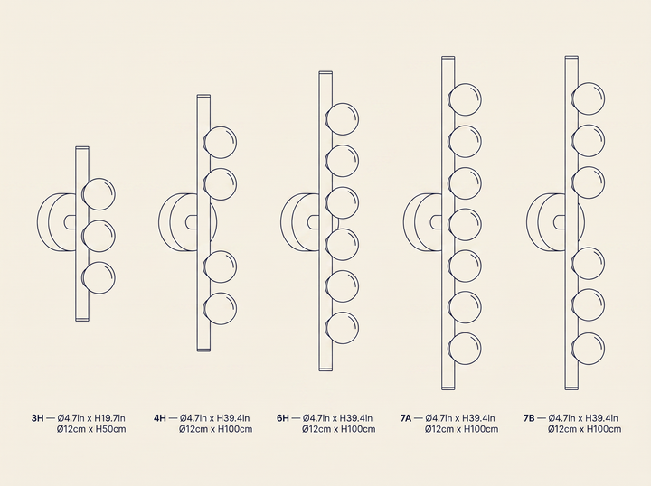 Brass Glass Tube Wall Lamp technical dimension drawing showing 3H, 4H, 6H, 7A, 7B configurations