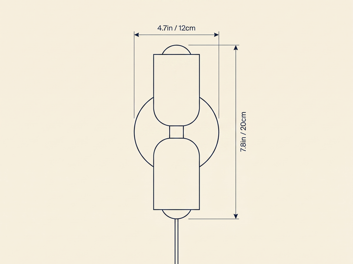 Couleur Double Plug In Wall Lamp technical dimension drawing, width 4.7in, height 7.8in
