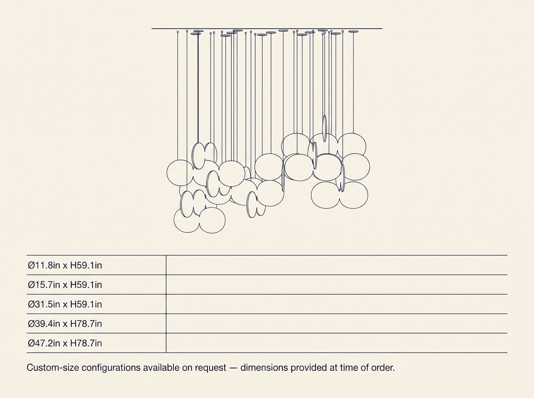 Clouds Iridescent Disc Chandelier technical dimension drawing showing all 5 verified sizes