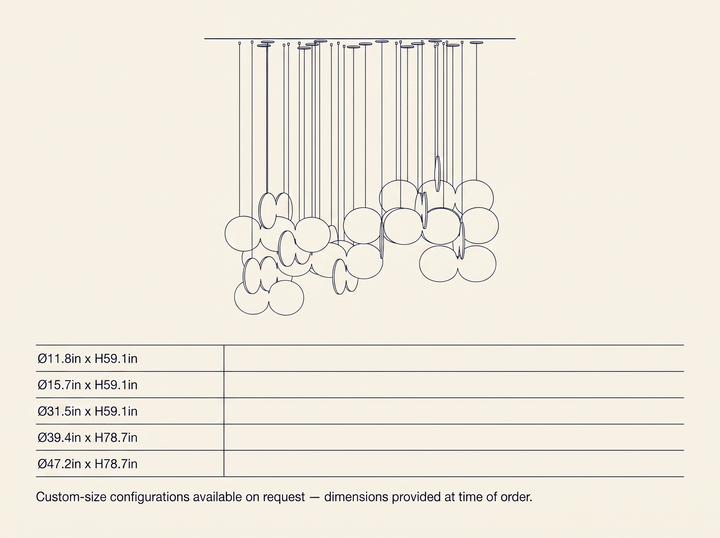 Clouds Iridescent Disc Chandelier technical dimension drawing showing all 5 verified sizes