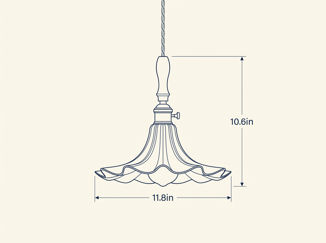Bloom Twist Pendant Lamp technical dimension drawing, diameter 11.8in, height 10.6in