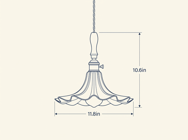 Bloom Twist Pendant Lamp technical dimension drawing, diameter 11.8in, height 10.6in