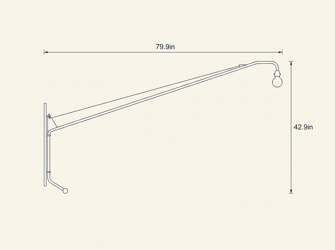 Black Long Arm Wall Lamp technical dimension drawing, reach 79.9in, height 42.9in