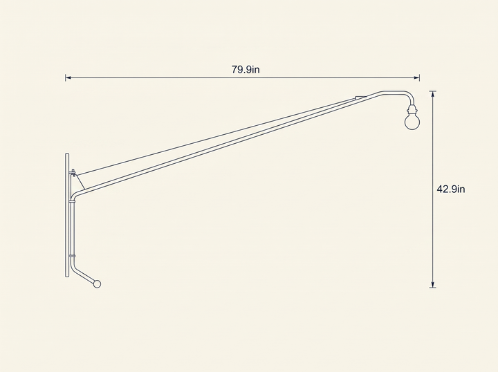 Black Long Arm Wall Lamp technical dimension drawing, reach 79.9in, height 42.9in