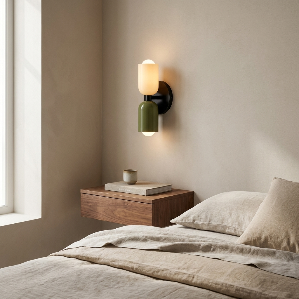 NYRVEQO Couleur Double Wall Lamp with cream and olive green glass shades, wall-mounted beside a bed