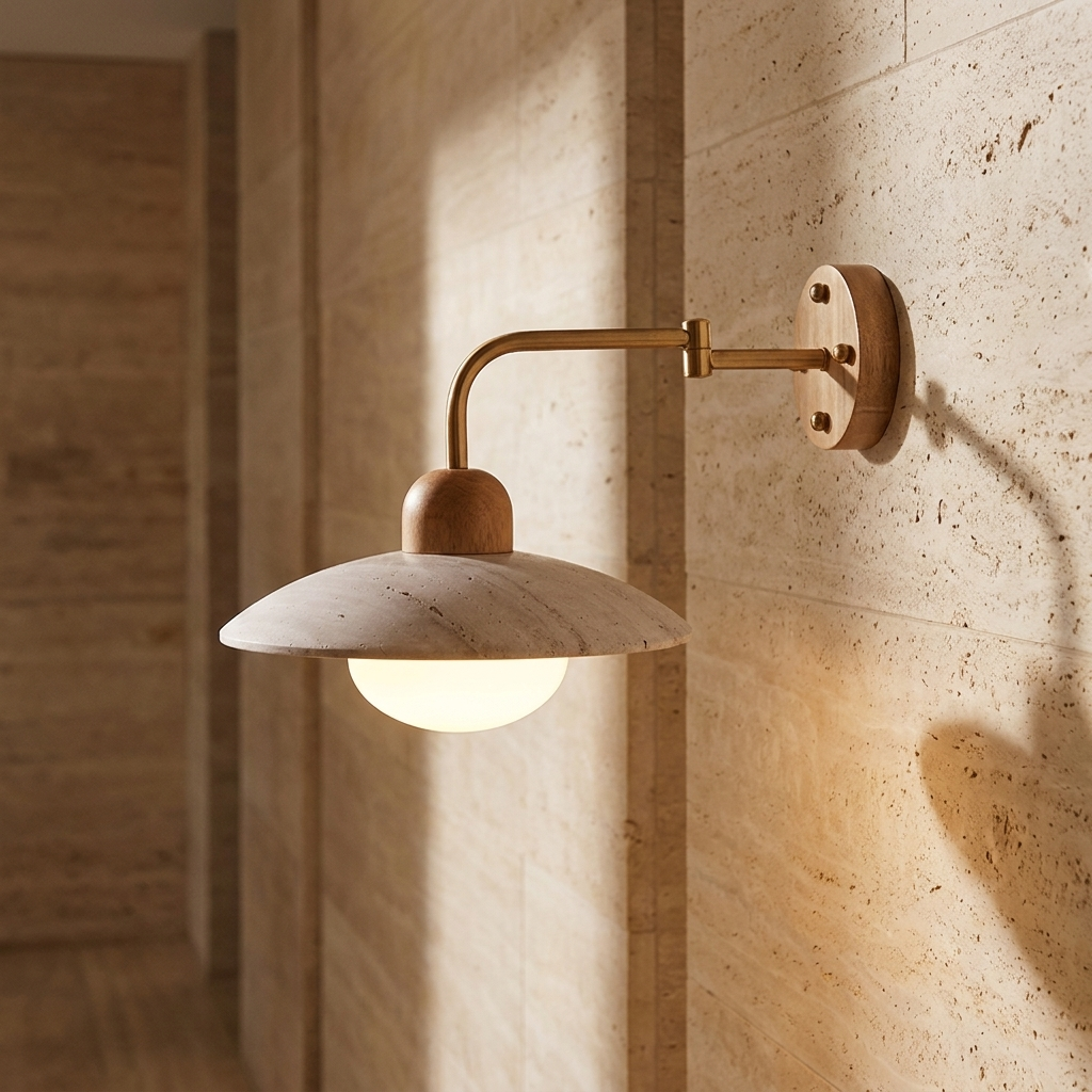 NYRVELA Dome Arm Wall Lamp mounted in an architectural hallway with travertine tile, close detail view
