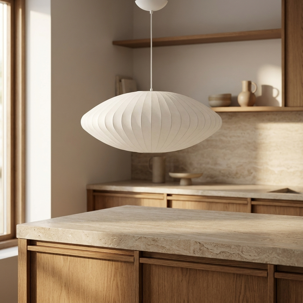 NYRVELA Crisscross Bubble Pendant Light hanging above a kitchen island with natural stone countertop