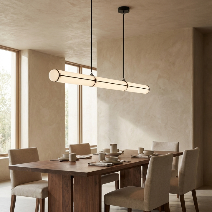 NYRVEQO Cylindrical Endless Pendant Light, a slender tube pendant hanging above a dining table