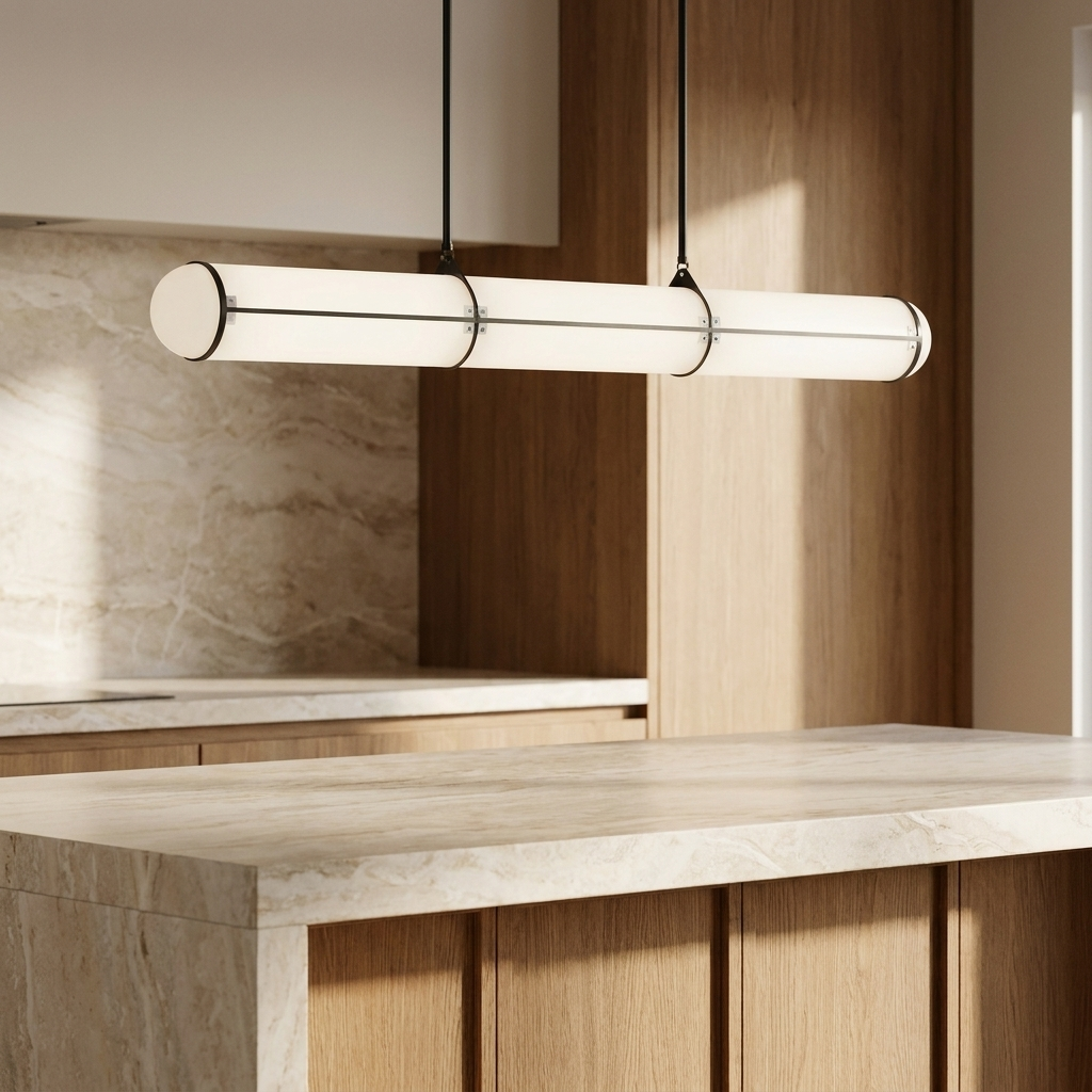 NYRVELA Cylindrical Endless Pendant Light hanging above a kitchen island with natural stone countertop