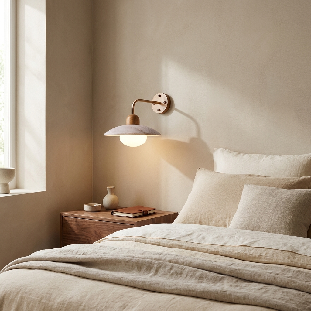 NYRVEQO Dome Arm Wall Lamp shown installed beside a bed on an articulating arm in a warm contemporary bedroom