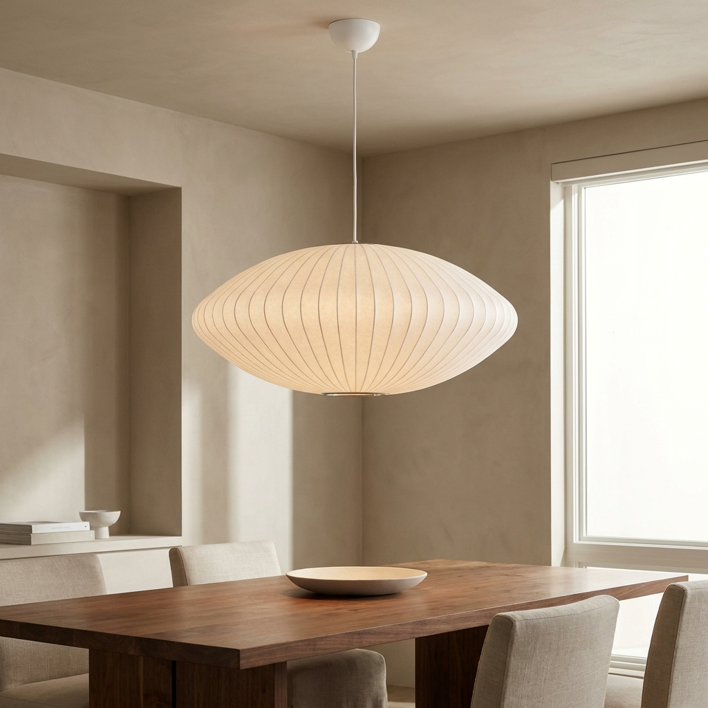 NYRVEQO Crisscross Bubble Pendant Light in a saucer shade profile, hanging above a dining table