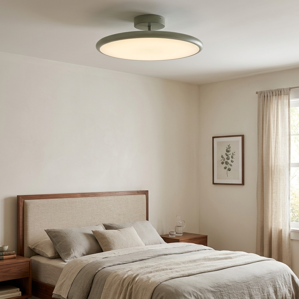 NYRVEQO Drift Adjustable Ceiling Lamp with sage green rim, installed above a bed in a contemporary bedroom