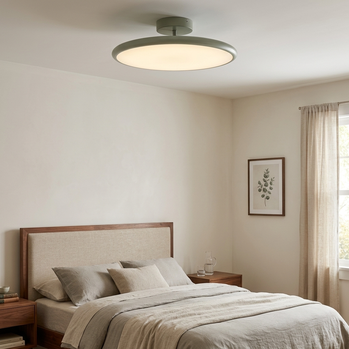 NYRVEQO Drift Adjustable Ceiling Lamp with sage green rim, installed above a bed in a contemporary bedroom
