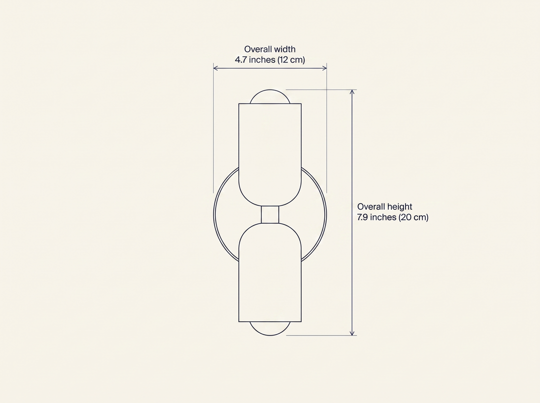 NYRVELA Couleur Double Wall Lamp technical dimension drawing, front elevation, overall width 4.7 inches (12 cm), overall height 7.9 inches (20 cm)