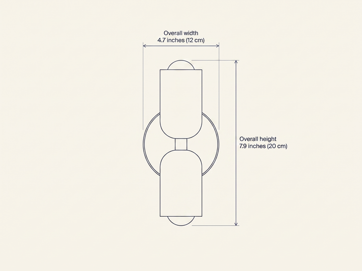 NYRVELA Couleur Double Wall Lamp technical dimension drawing, front elevation, overall width 4.7 inches (12 cm), overall height 7.9 inches (20 cm)