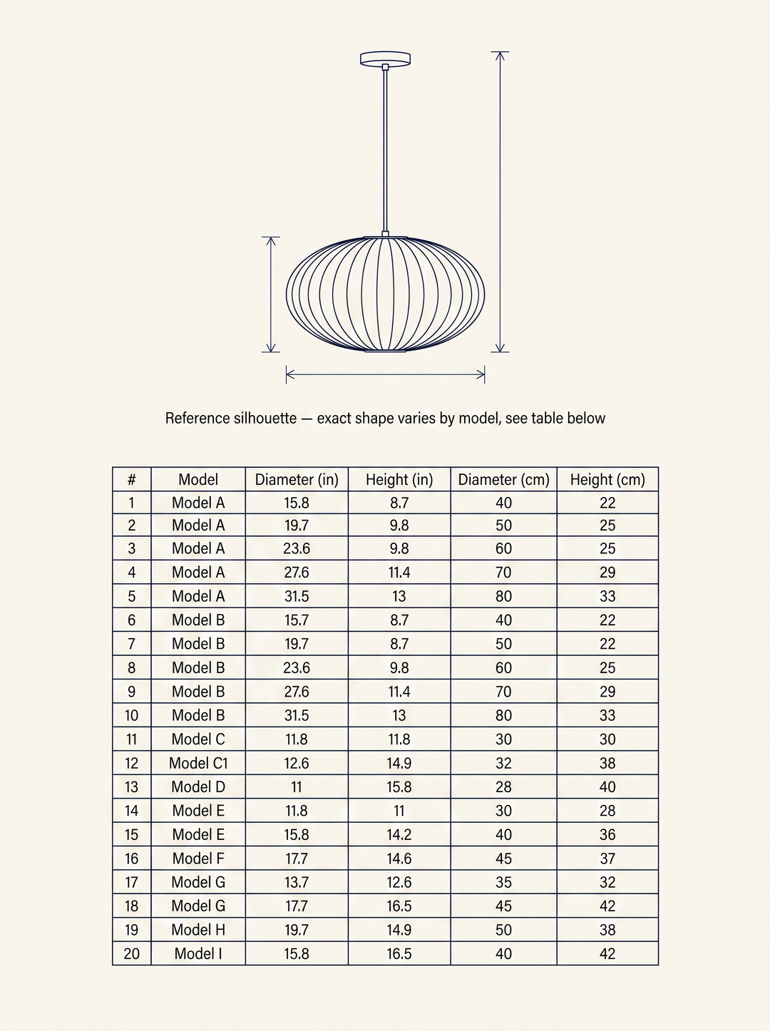 NYRVELA Crisscross Bubble Pendant Light technical dimension drawing with reference silhouette and 20-row configuration table for Models A through I