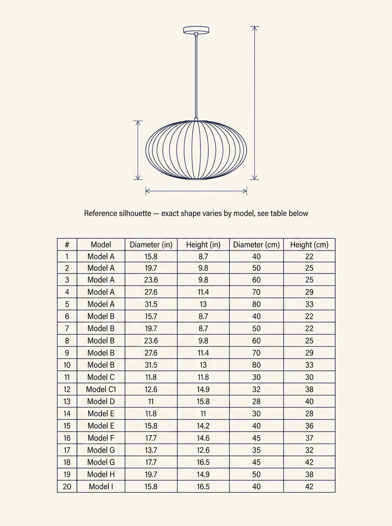 NYRVELA Crisscross Bubble Pendant Light technical dimension drawing with reference silhouette and 20-row configuration table for Models A through I
