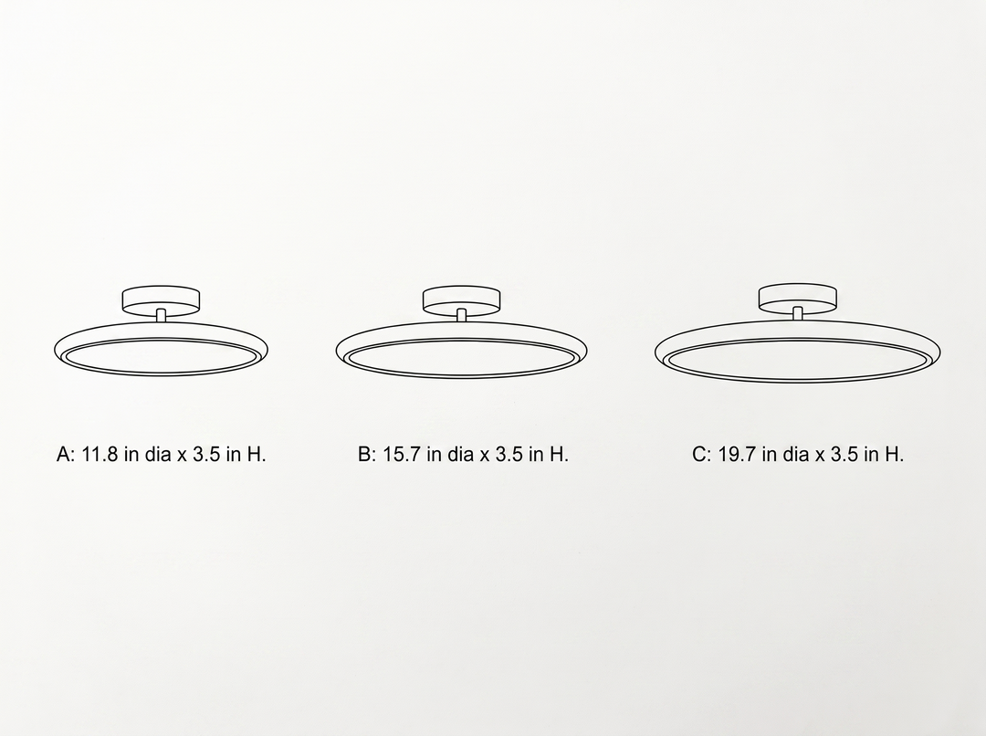 NYRVELA Drift Adjustable Ceiling Lamp technical dimension drawing, three size configurations A, B, C, diameters 11.8, 15.7, and 19.7 inches, height 3.5 inches