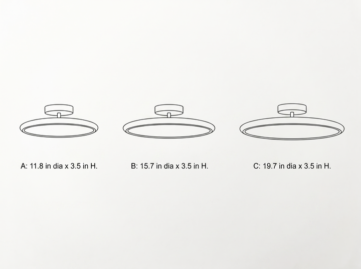NYRVELA Drift Adjustable Ceiling Lamp technical dimension drawing, three size configurations A, B, C, diameters 11.8, 15.7, and 19.7 inches, height 3.5 inches
