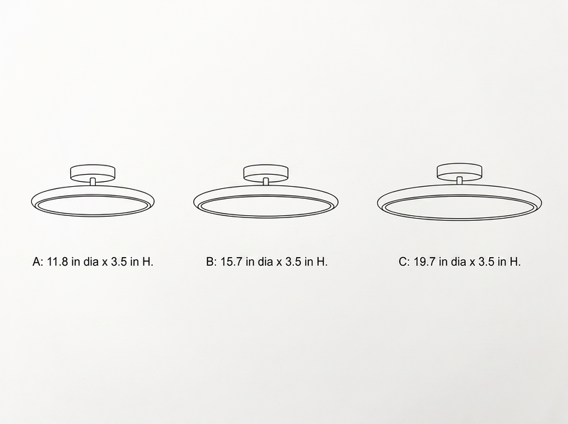 NYRVELA Drift Adjustable Ceiling Lamp technical dimension drawing, three size configurations A, B, C, diameters 11.8, 15.7, and 19.7 inches, height 3.5 inches