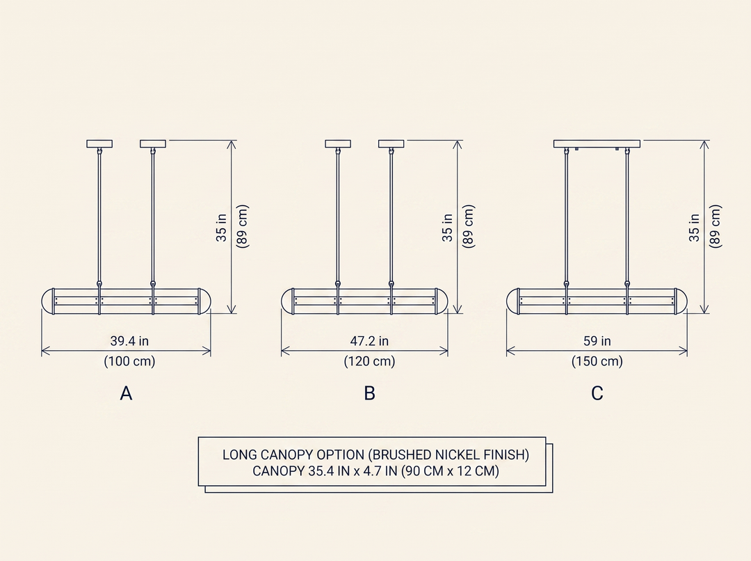 NYRVELA Cylindrical Endless Pendant Light technical dimension drawing, three length configurations A, B, C, plus Long Canopy option note for Brushed Nickel finish