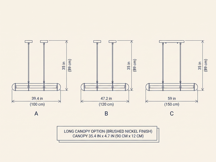 NYRVELA Cylindrical Endless Pendant Light technical dimension drawing, three length configurations A, B, C, plus Long Canopy option note for Brushed Nickel finish